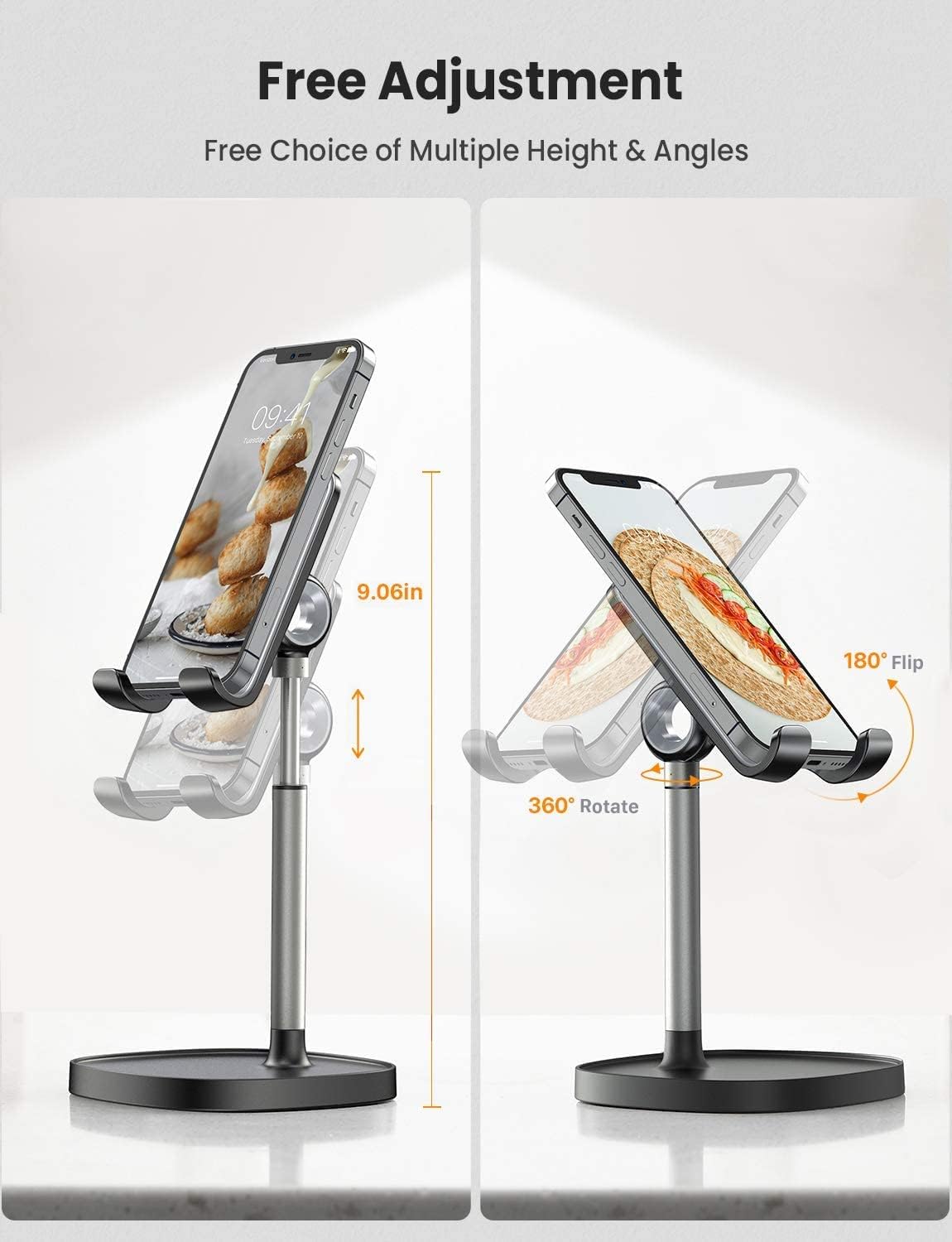 LISEN Mobile Phone Stand Adjustable iPad Stand for Desk – BLACK (3X Stable Weighted Base)